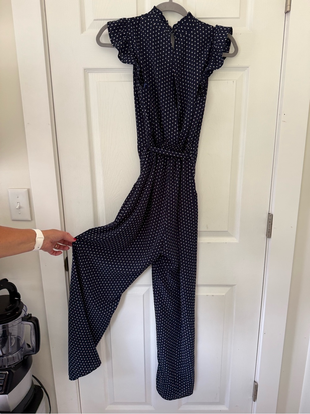 Monteau Women's Navy Polka Dot Pantsuit with Tie Waist